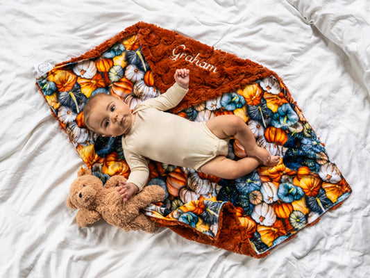 Autumn Pumpkins Minky Baby Blanket - Personalized