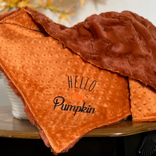Autumn Hello Pumpkin Minky Baby Blanket - Ginger Glacier - Personalized