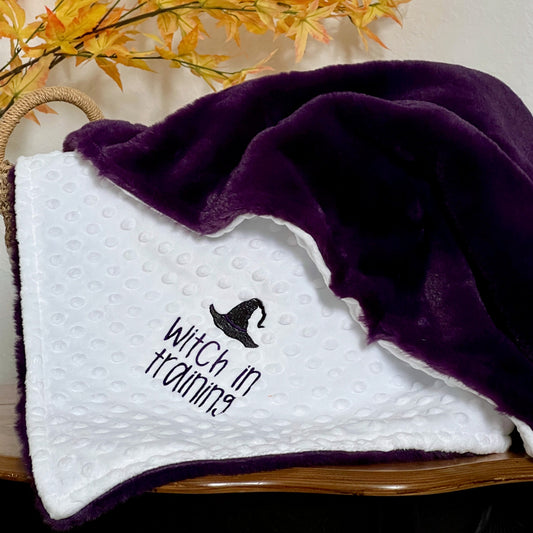Halloween Witch in Training - Loganberry Seal Minky Baby Blanket - Personalized
