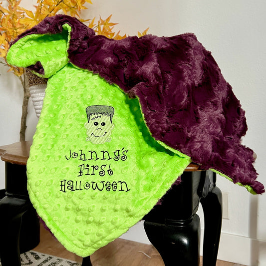 Halloween Plumwine Glacier Minky Baby Blanket - Frankenstein - Personalized