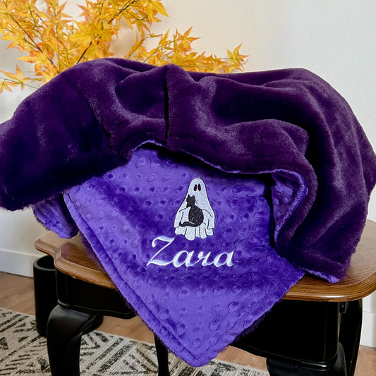 Purple Halloween Cat Blanket - Loganberry Seal - Minky Pet Blanket - Personalized