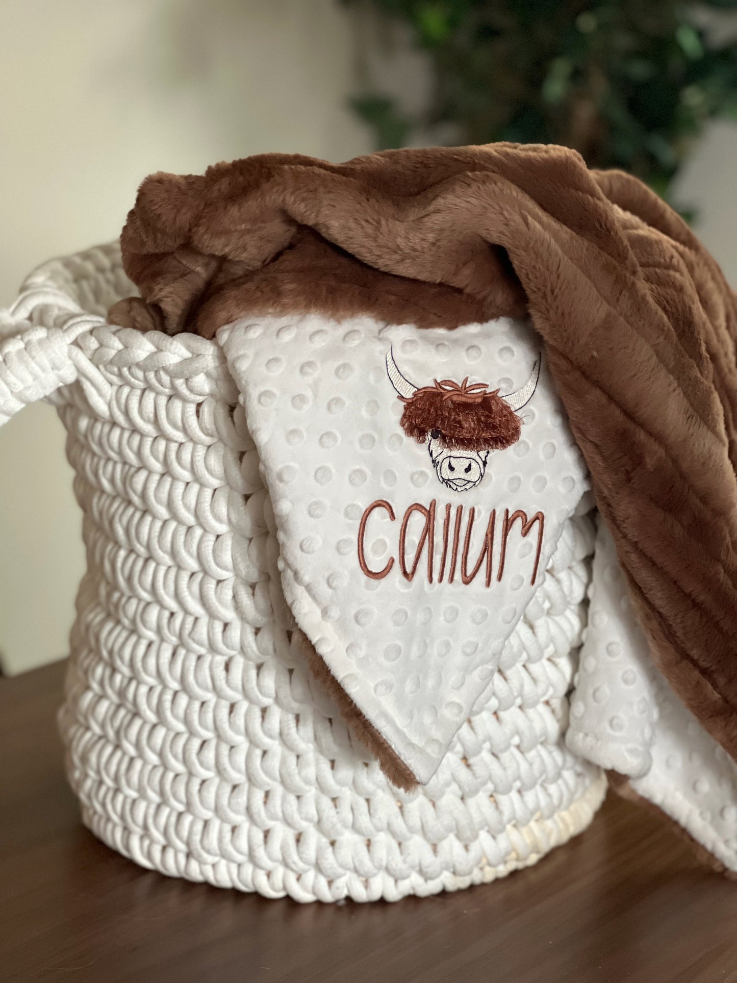 Embroidered Highland Cow Minky Baby Blanket - Vienna Pecan - Personalized