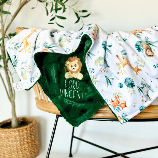 Embroidered Lion Safari Minky Baby Blanket - Personalized