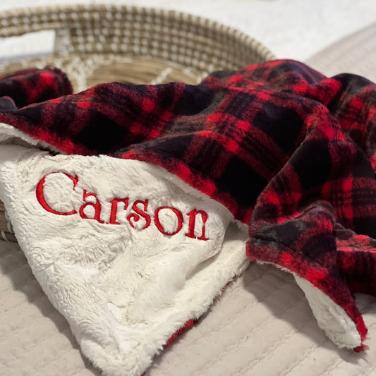 Red Christmas Plaid Minky Baby Blanket - Personalized