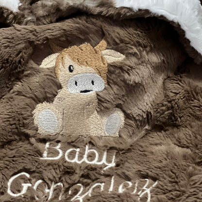 Brownie Calf Minky Baby Blanket - Highland Cow Boy Western Baby Blanket - Personalized