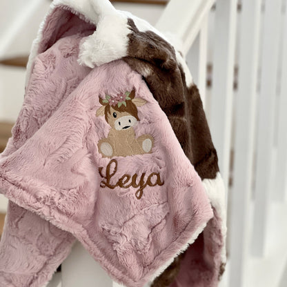 Brownie Calf Minky Baby Blanket - Highland Cow Girl Western Baby Blanket - Personalized