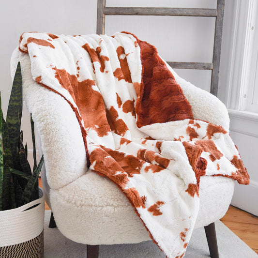 Ginger Cow and Rust Glacier Adult Throw Blanket - Ultra Plush Pink Western Blanket