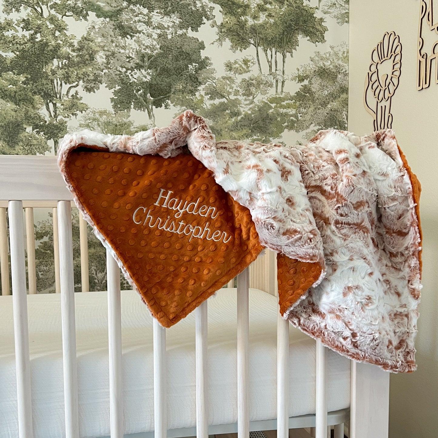Snow Owl Woodland Rust Minky Baby Blanket - Personalized