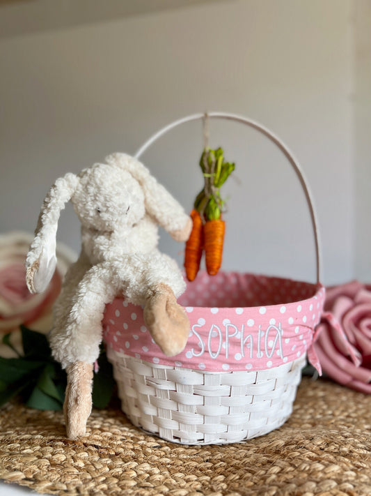 Embroidered Easter Basket, Custom Kids Basket, Easter, Basket, Personalized Easter Basket, Pastel Pink Polka Dot, Baby Girl Easter