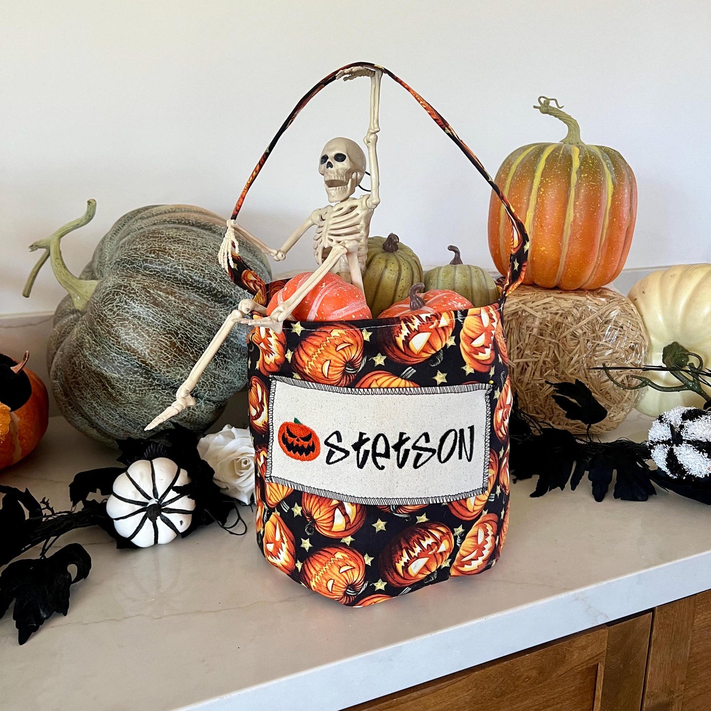 Trick or Treat Bag, Custom Halloween Bag, Jack o Lantern Trick-or-Treat Bucket, Personalized, Embroidered Halloween Basket, Low Stock