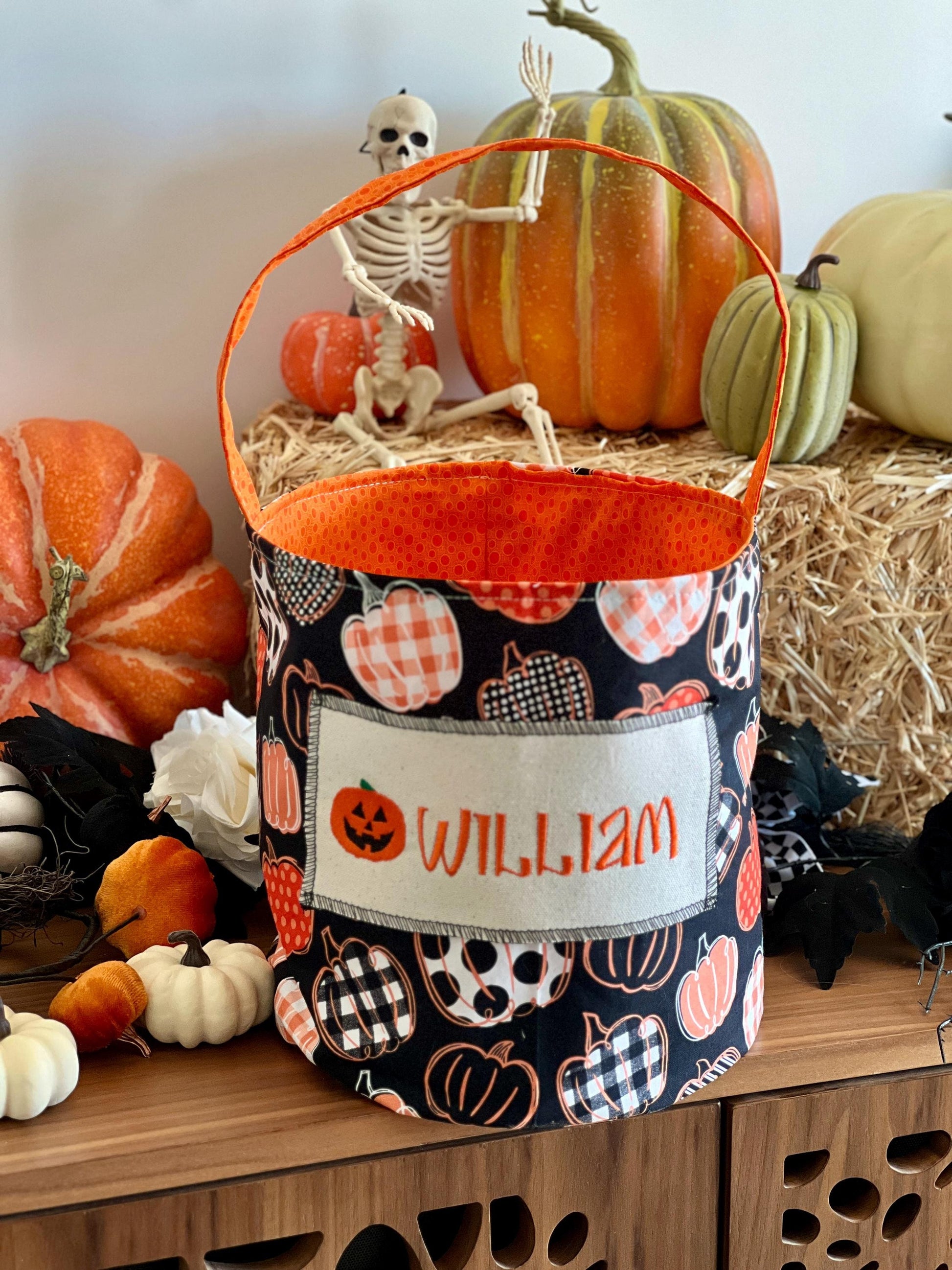 Vintage Pumpkins Trick or Treat Bag, Trick or Treat Bucket, Halloween Bag,Halloween Basket, Halloween Bucket, Halloween Tote, Small Quantity