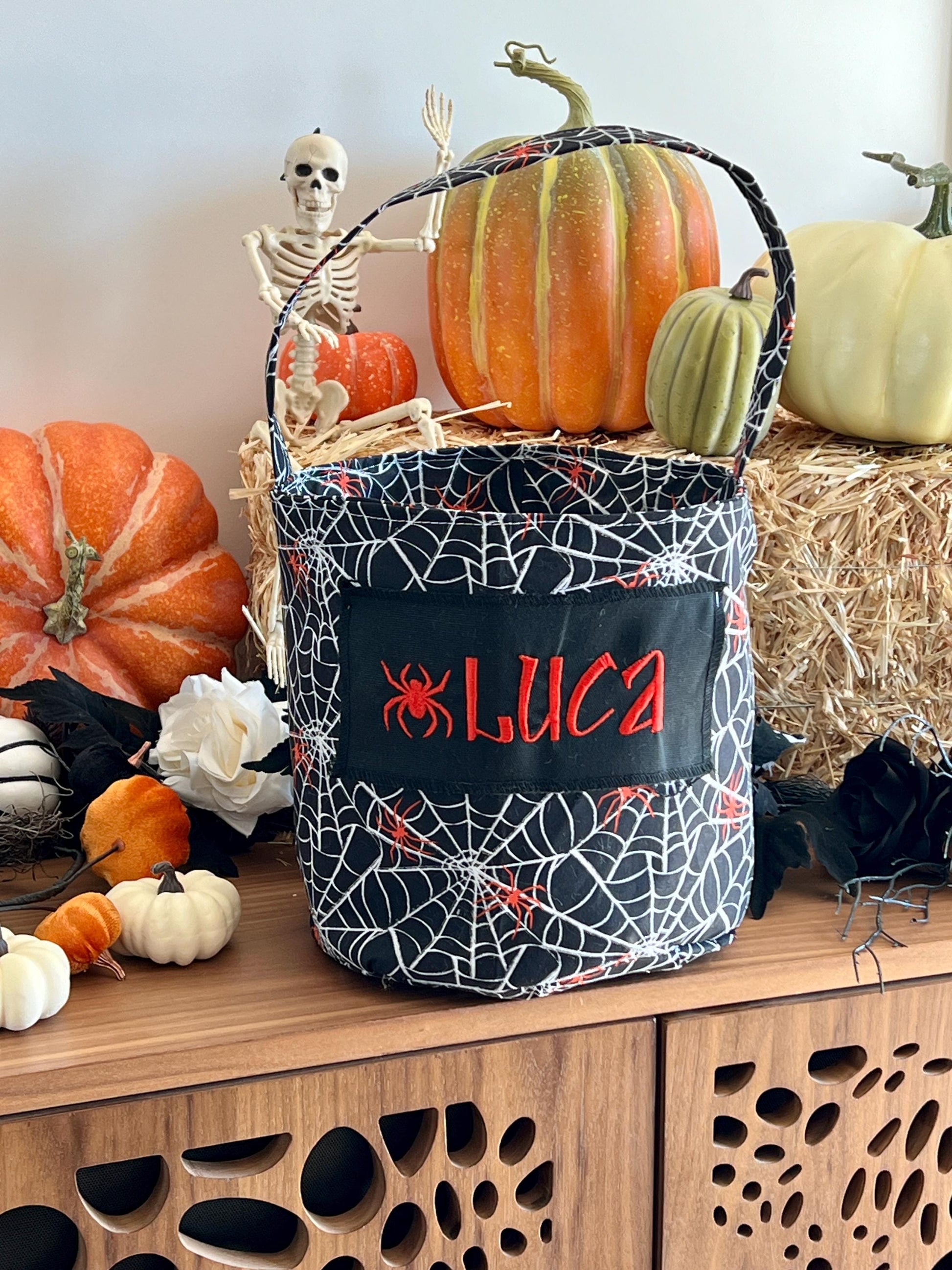 Red Spiderweb Trick or Treat Bag, Trick or Treat Bucket, Halloween Bag, Halloween Basket, Halloween Bucket, Halloween Tote, Spider Costume