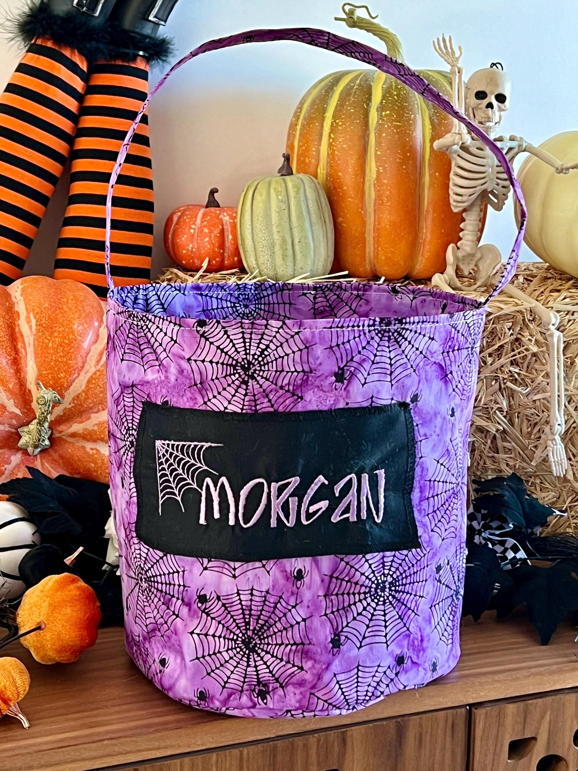 Purple Spiderweb Trick or Treat Bag, Custom Halloween Bag, Trick-or-Treat Bucket, Personalized, Embroidered Basket, Limited Quantities!