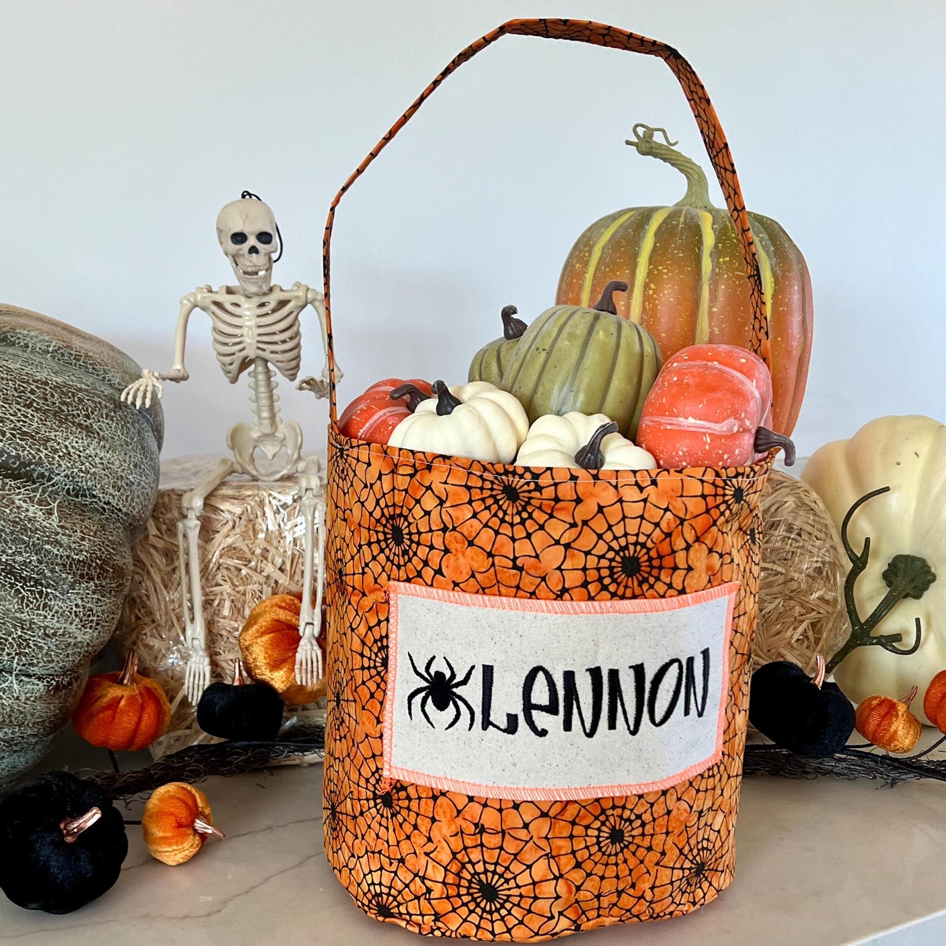 Trick or Treat Bag, Custom Halloween Bag, Spiderweb Trick-or-Treat Bucket, Personalized, Embroidered Halloween Basket, Spider Candy Bucket