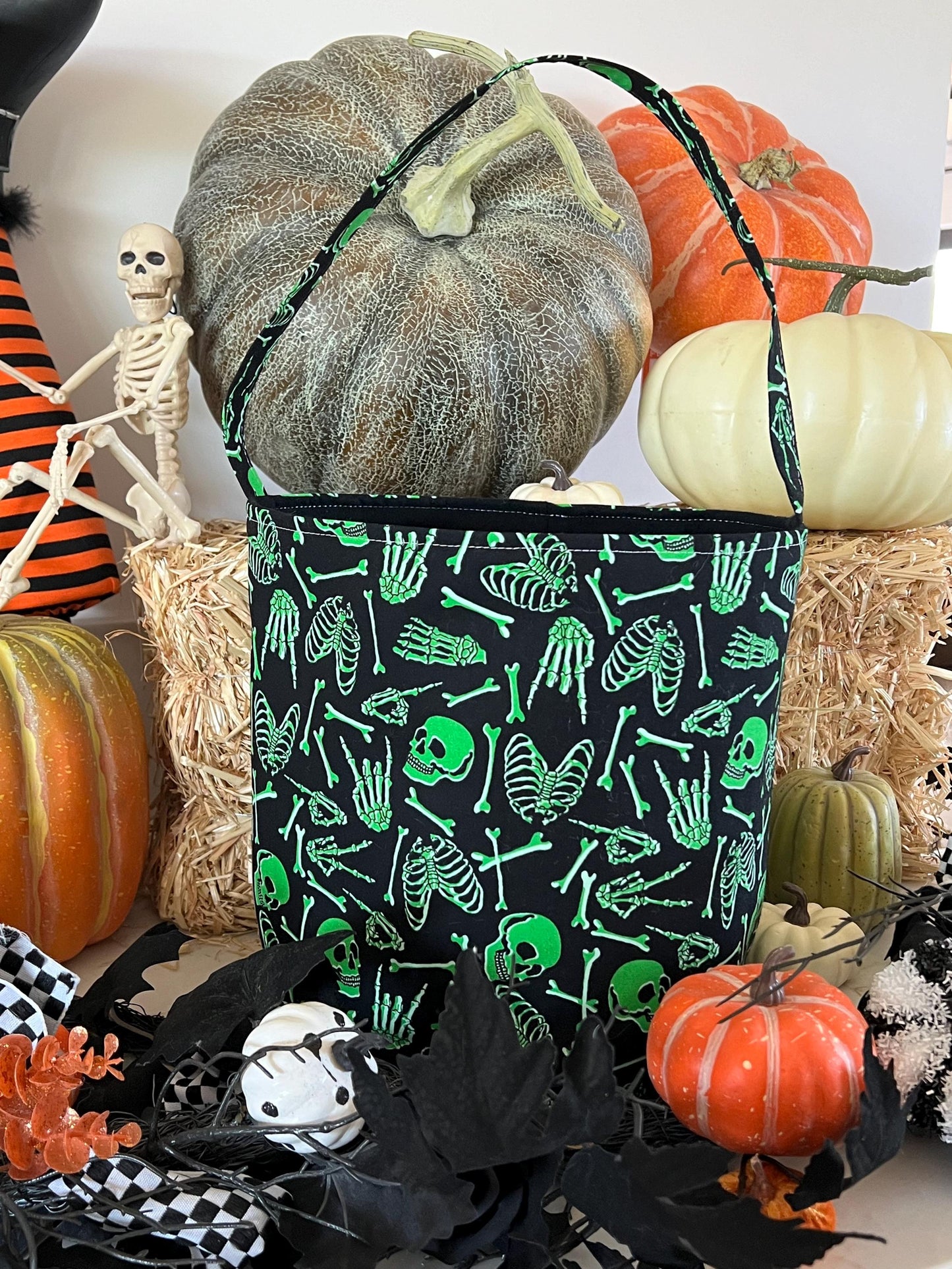 Green Skeleton Trick or Treat Bag, Custom Halloween Bag, Frankenstein Trick-or-Treat Bucket, Personalized, Embroidered Halloween Basket