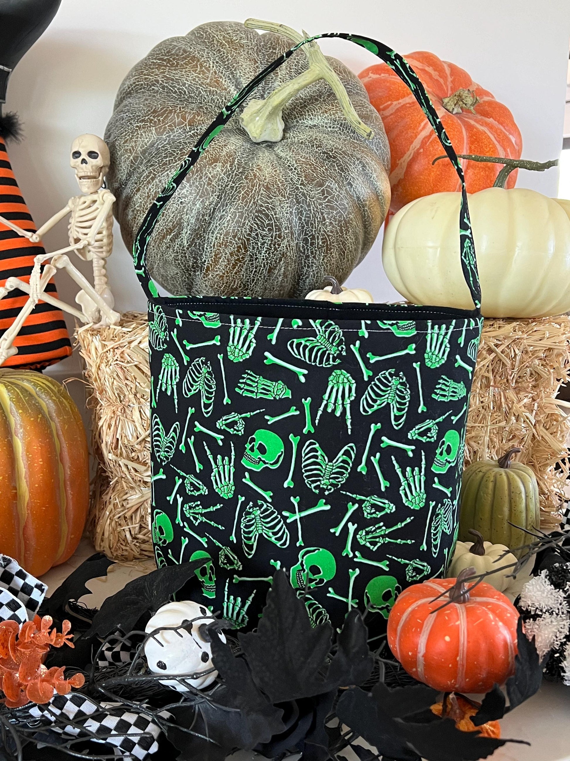 Green Skeleton Trick or Treat Bag, Custom Halloween Bag, Frankenstein Trick-or-Treat Bucket, Personalized, Embroidered Halloween Basket