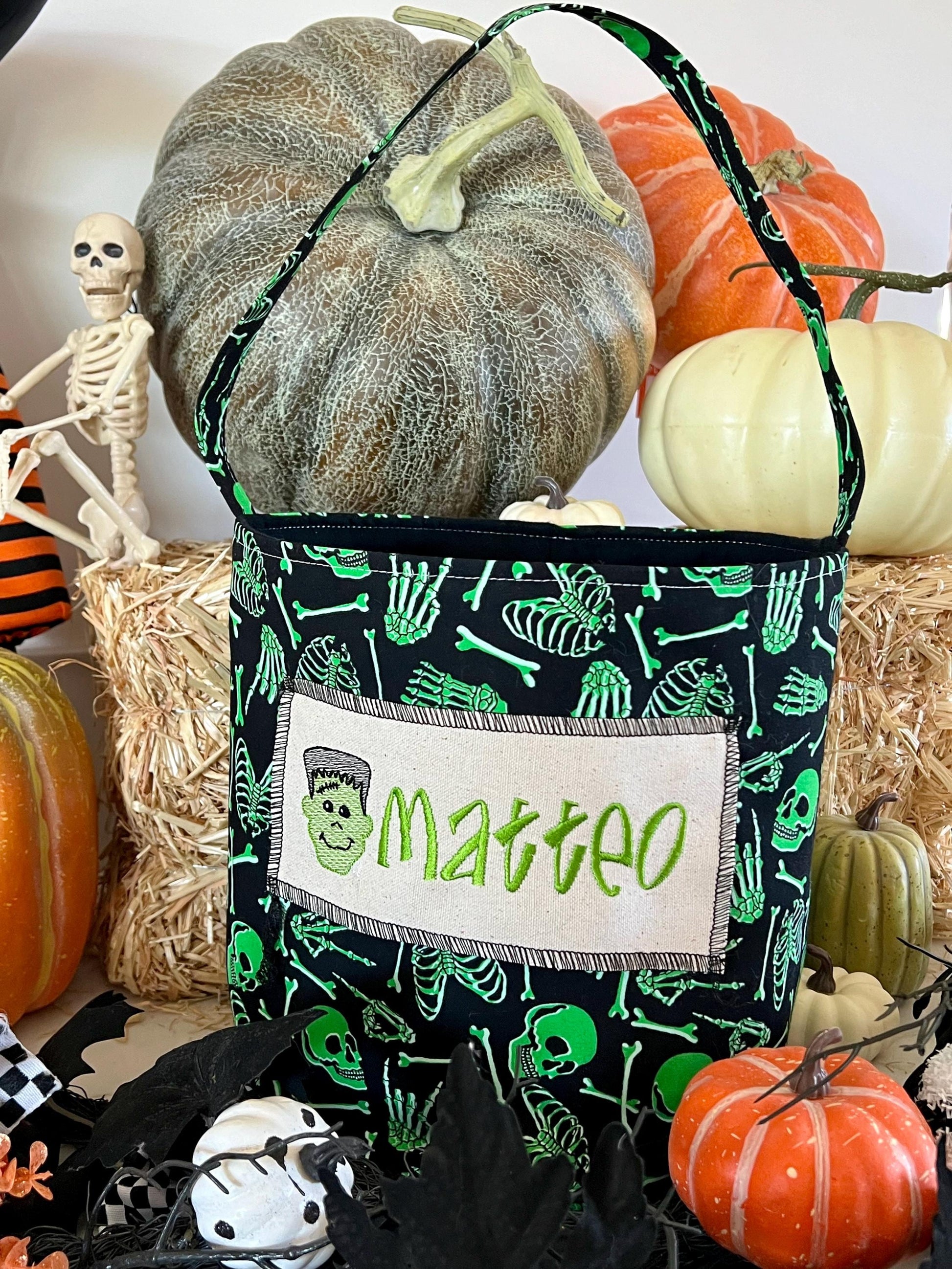 Green Skeleton Trick or Treat Bag, Custom Halloween Bag, Frankenstein Trick-or-Treat Bucket, Personalized, Embroidered Halloween Basket