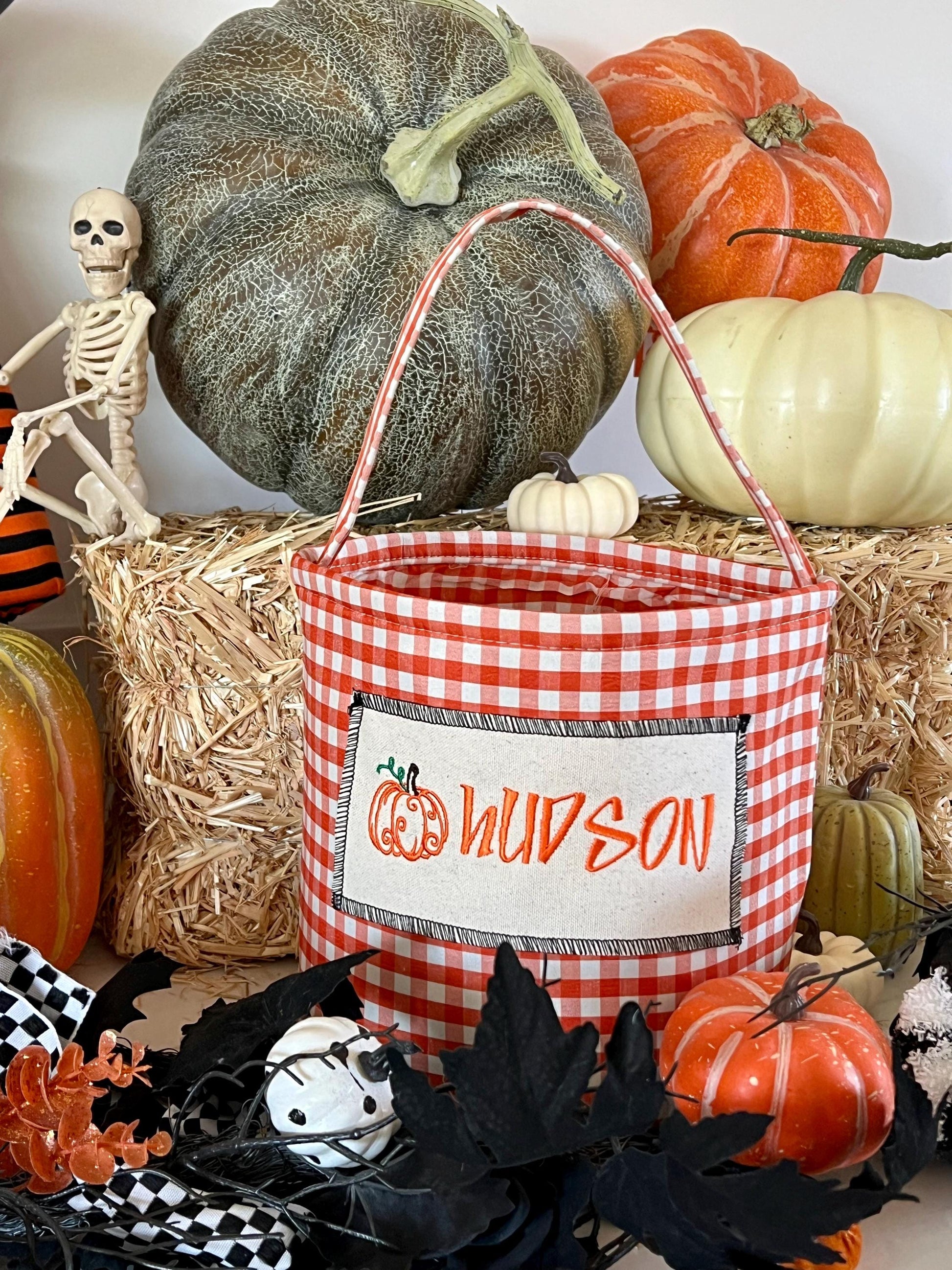 Burnt Orange Gingham Trick or Treat Bag, Custom Burnt Orange Halloween Bag, Pumpkin Trick-or-Treat Bucket, Embroidered Halloween Basket