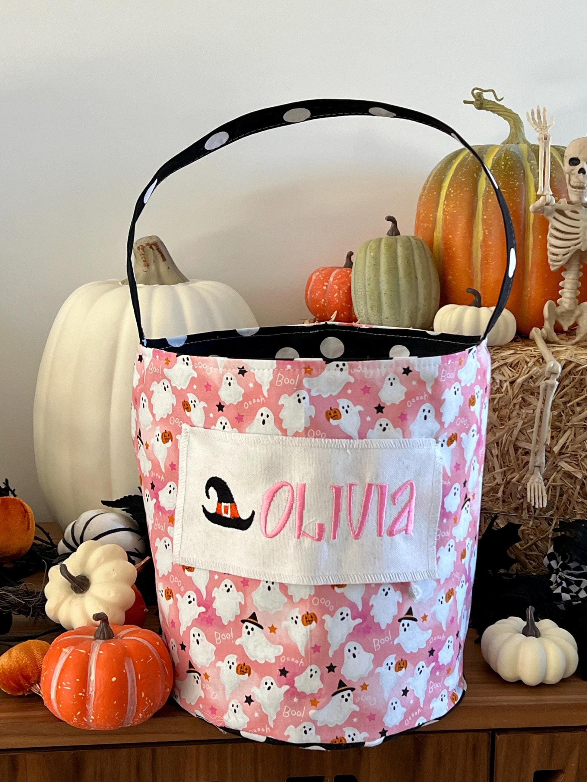 Pink Ghost Trick or Treat Bag, Custom Halloween Bag,Trick-or-Treat Bucket, Personalized, Embroidered Halloween Basket, Boo Basket for Baby