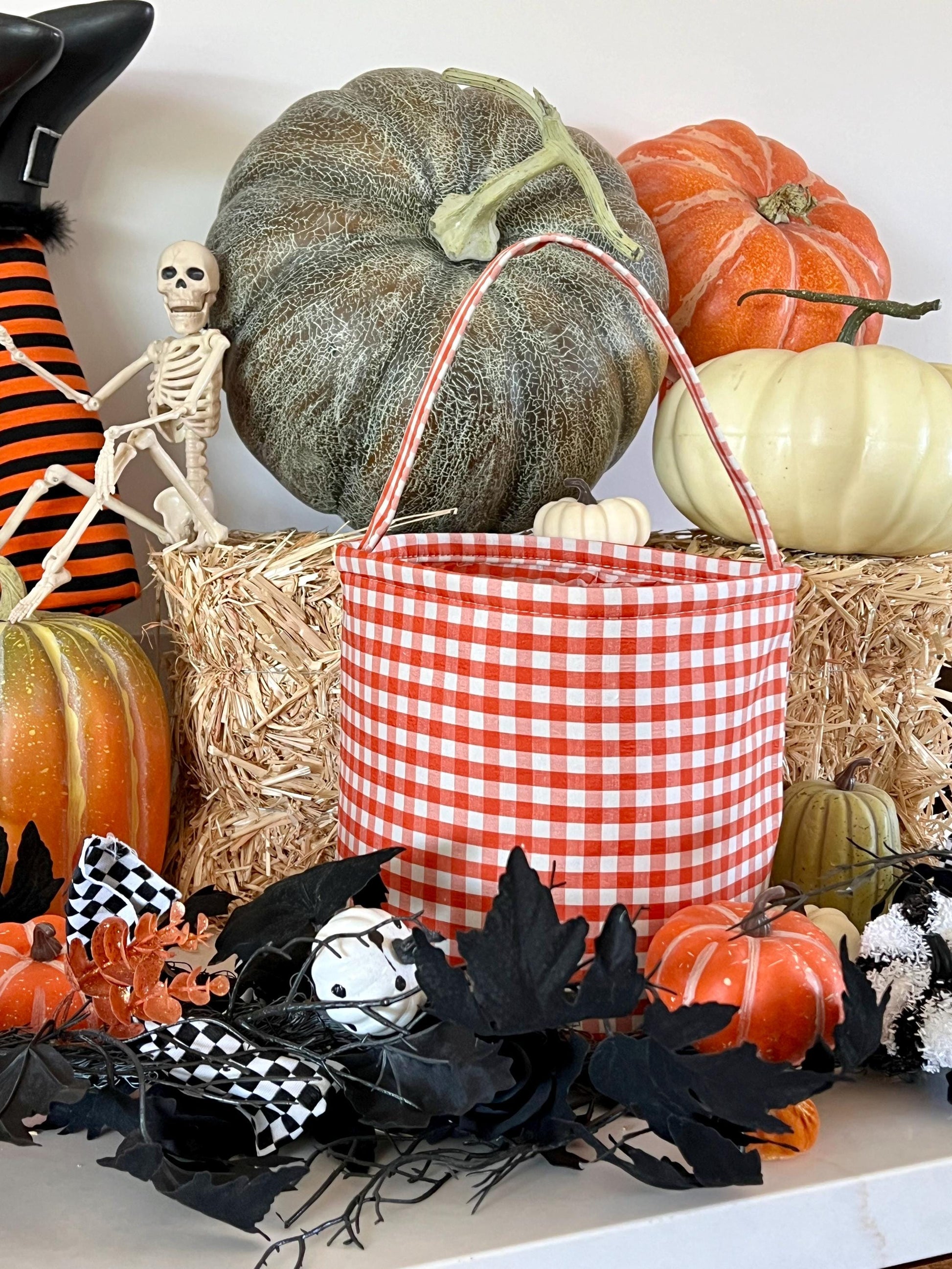 Burnt Orange Gingham Trick or Treat Bag, Custom Burnt Orange Halloween Bag, Pumpkin Trick-or-Treat Bucket, Embroidered Halloween Basket