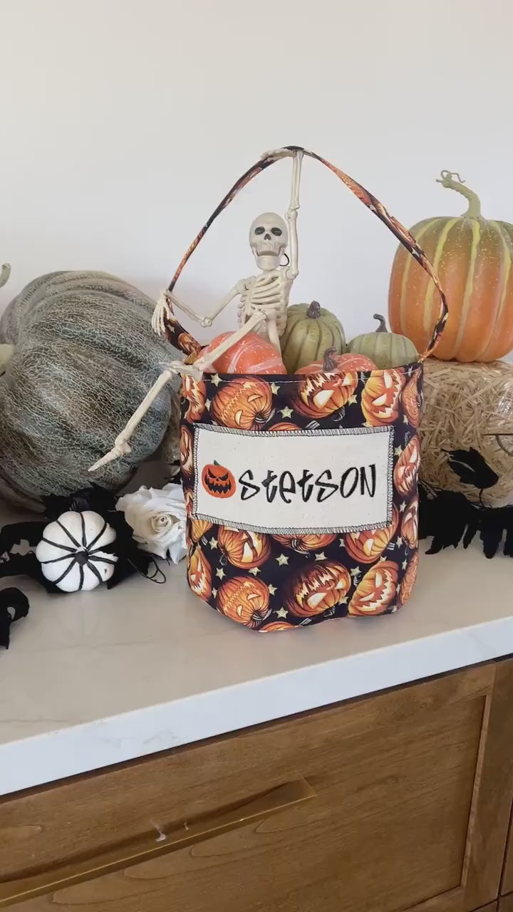 Trick or Treat Bag, Custom Halloween Bag, Jack o Lantern Trick-or-Treat Bucket, Personalized, Embroidered Halloween Basket, Low Stock