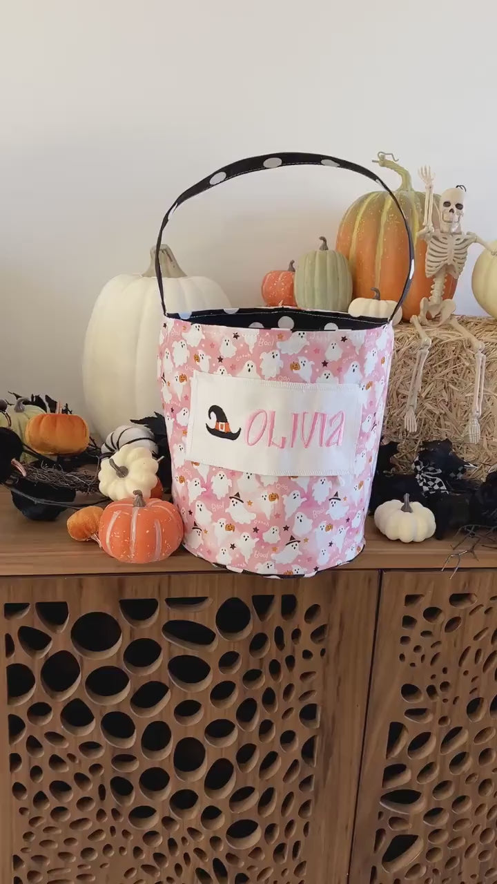 Pink Ghost Trick or Treat Bag, Custom Halloween Bag,Trick-or-Treat Bucket, Personalized, Embroidered Halloween Basket, Boo Basket for Baby