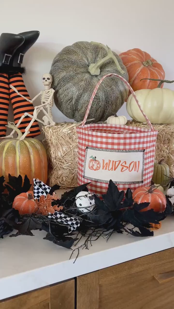 Burnt Orange Gingham Trick or Treat Bag, Custom Burnt Orange Halloween Bag, Pumpkin Trick-or-Treat Bucket, Embroidered Halloween Basket