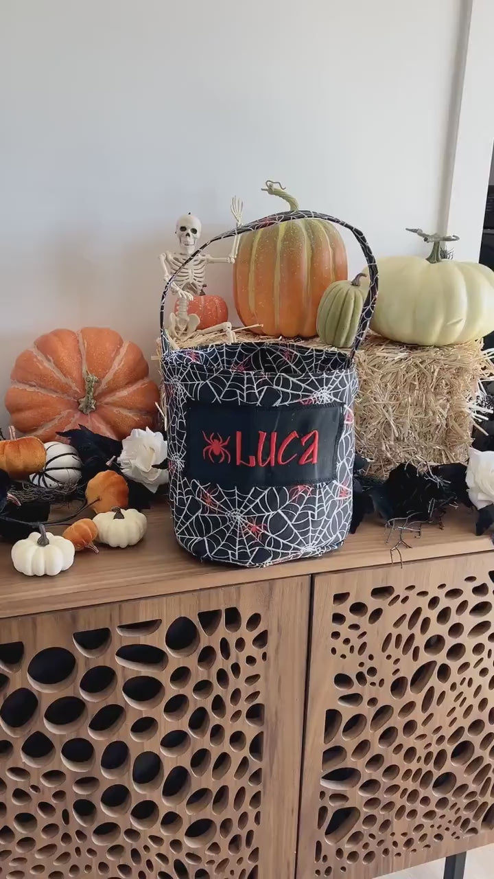Red Spiderweb Trick or Treat Bag, Trick or Treat Bucket, Halloween Bag, Halloween Basket, Halloween Bucket, Halloween Tote, Spider Costume