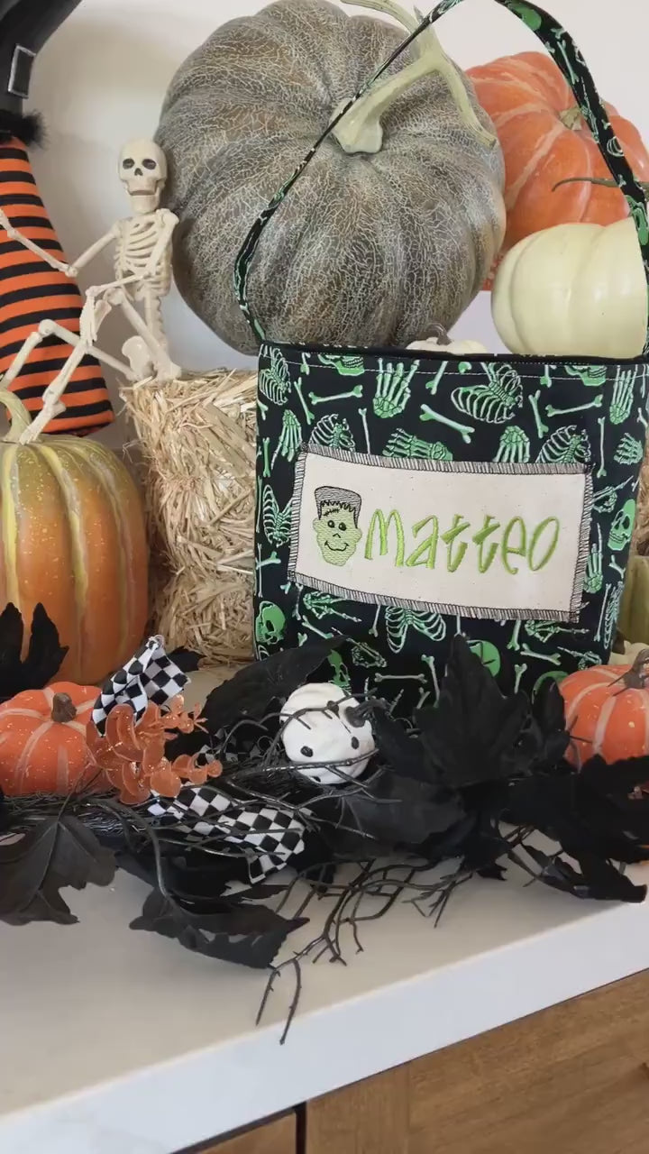 Green Skeleton Trick or Treat Bag, Custom Halloween Bag, Frankenstein Trick-or-Treat Bucket, Personalized, Embroidered Halloween Basket