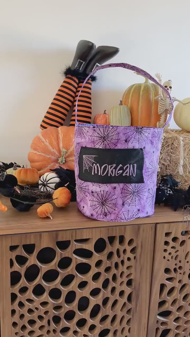 Purple Spiderweb Trick or Treat Bag, Custom Halloween Bag, Trick-or-Treat Bucket, Personalized, Embroidered Basket, Limited Quantities!