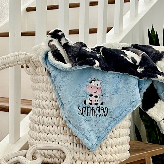 Embroidered Cow Bessie Calf Minky Baby Blanket - Personalized