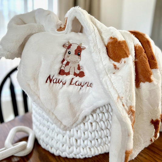 Embroidered Cow Penny Calf Minky Baby Blanket - Personalized