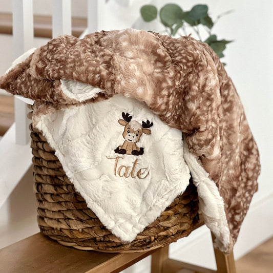 Embroidered Deer Brown Fawn Minky Baby Blanket - Boho Nursery - Personalized