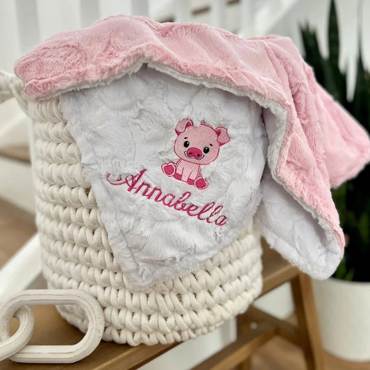 Embroidered Piggy Blush Hide Minky Baby Blanket - Personalized