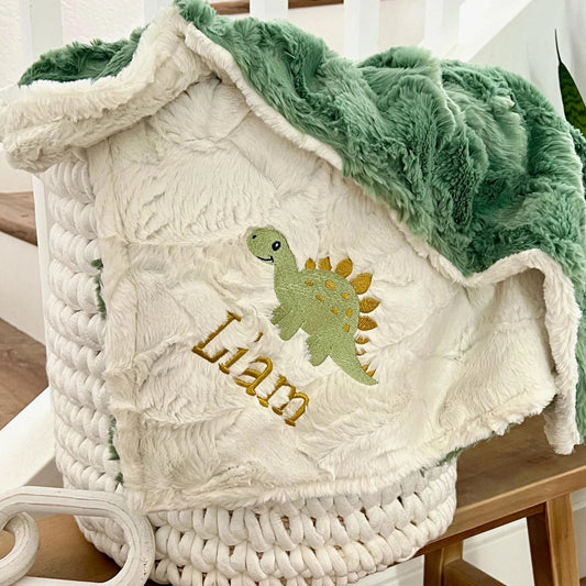 Embroidered Dinosaur Basil Glacier Minky Baby Blanket - Personalized