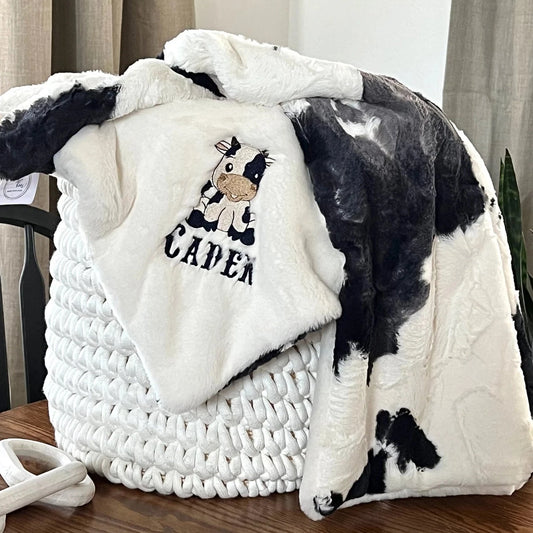 Embroidered Cow Bessie Calf with Ivory Seal Minky Baby Blanket - Personalized