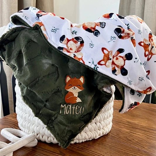 Embroidered Fox Minky Baby Blanket - Personalized