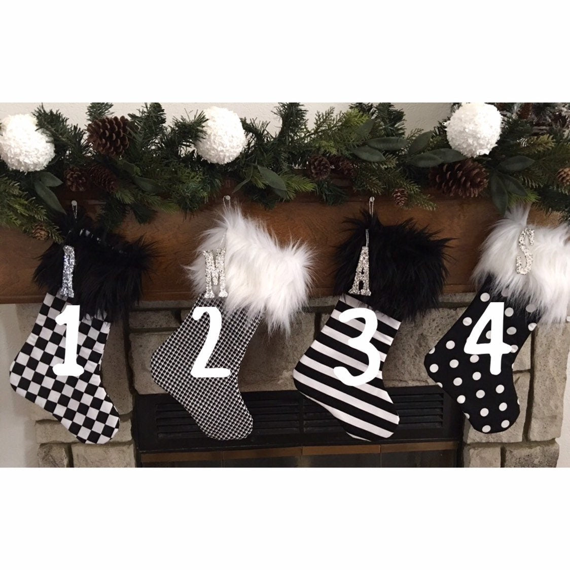Black and White Checkered, Houndstooth, Polkadot, Stripe Christmas Stocking - Personalized