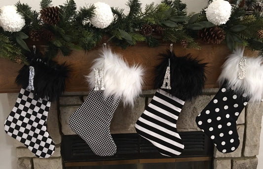 Black and White Checkered, Houndstooth, Polkadot, Stripe Christmas Stocking - Personalized