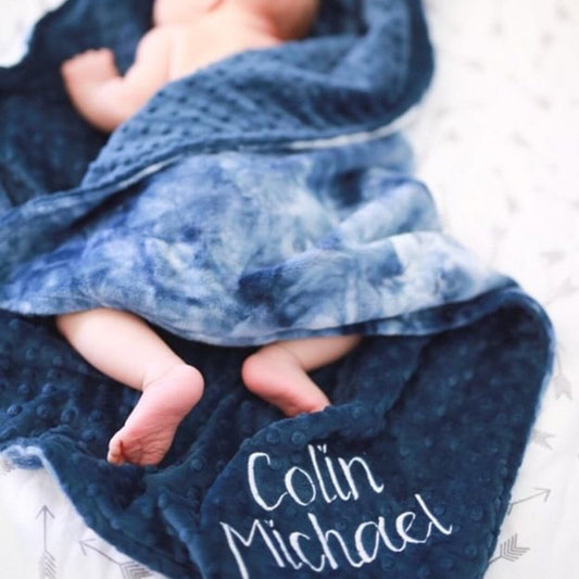 Blue Tie-Dye Minky Baby Blanket - Baby Boy Gift - Personalized