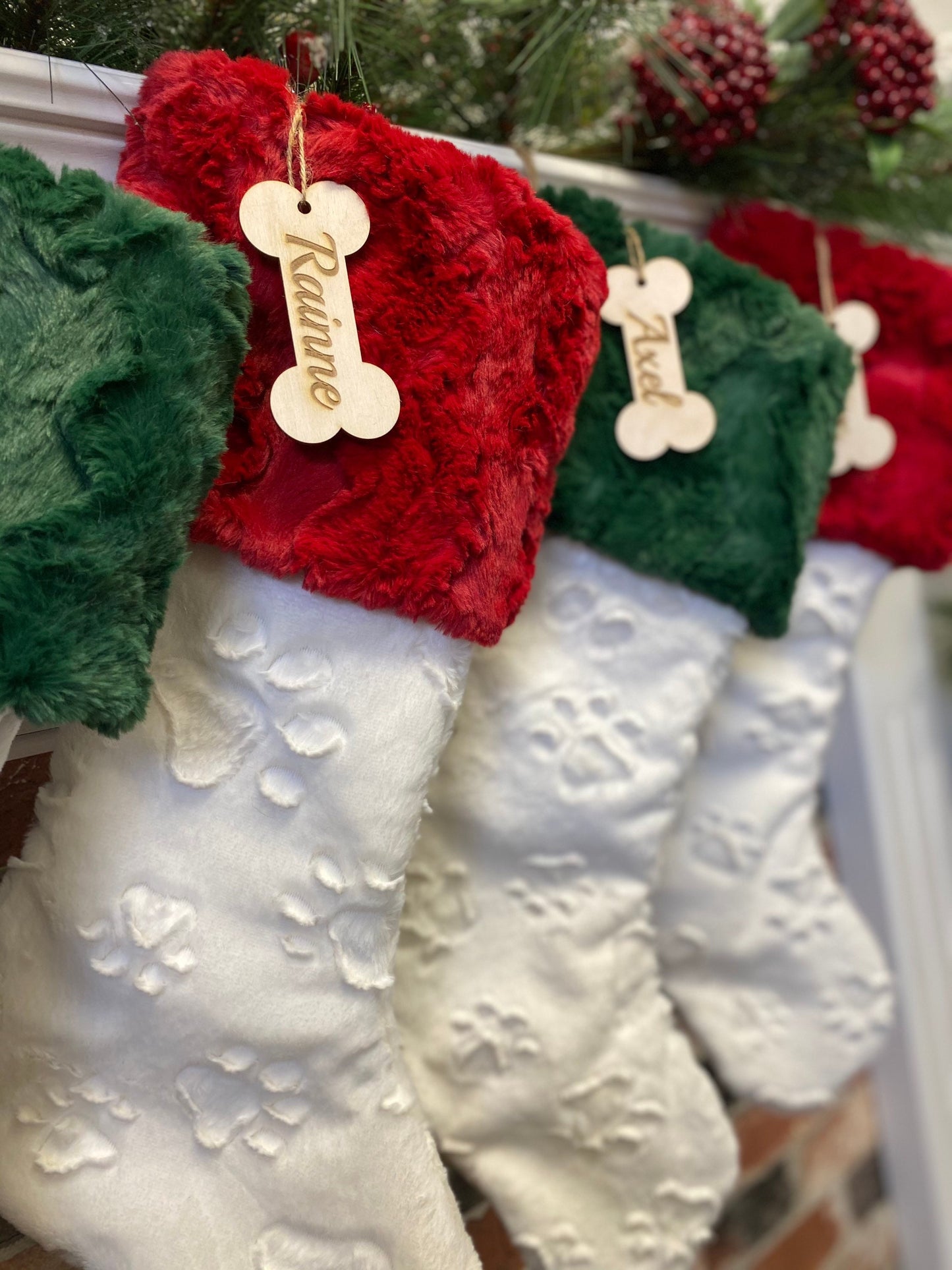 Ivory Embossed Paw Red Green Christmas Stocking - Personalized