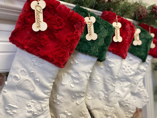 Ivory Embossed Paw Red Green Christmas Stocking - Personalized