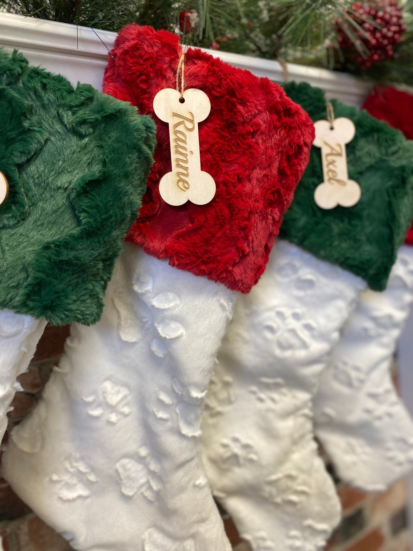Ivory Embossed Paw Red Green Christmas Stocking - Personalized