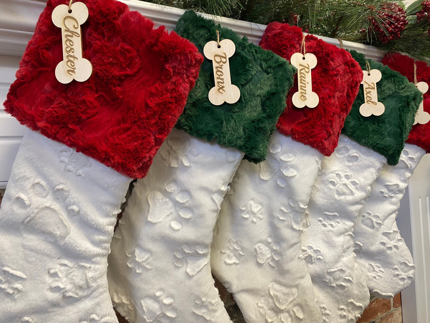 Ivory Embossed Paw Red Green Christmas Stocking - Personalized