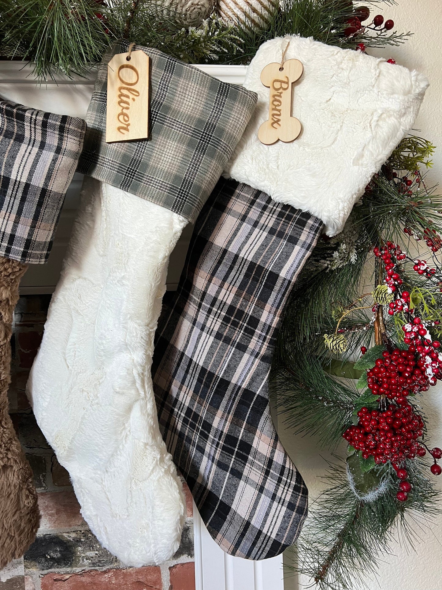 Neutral Brown Plaid Christmas Stocking - Personalized