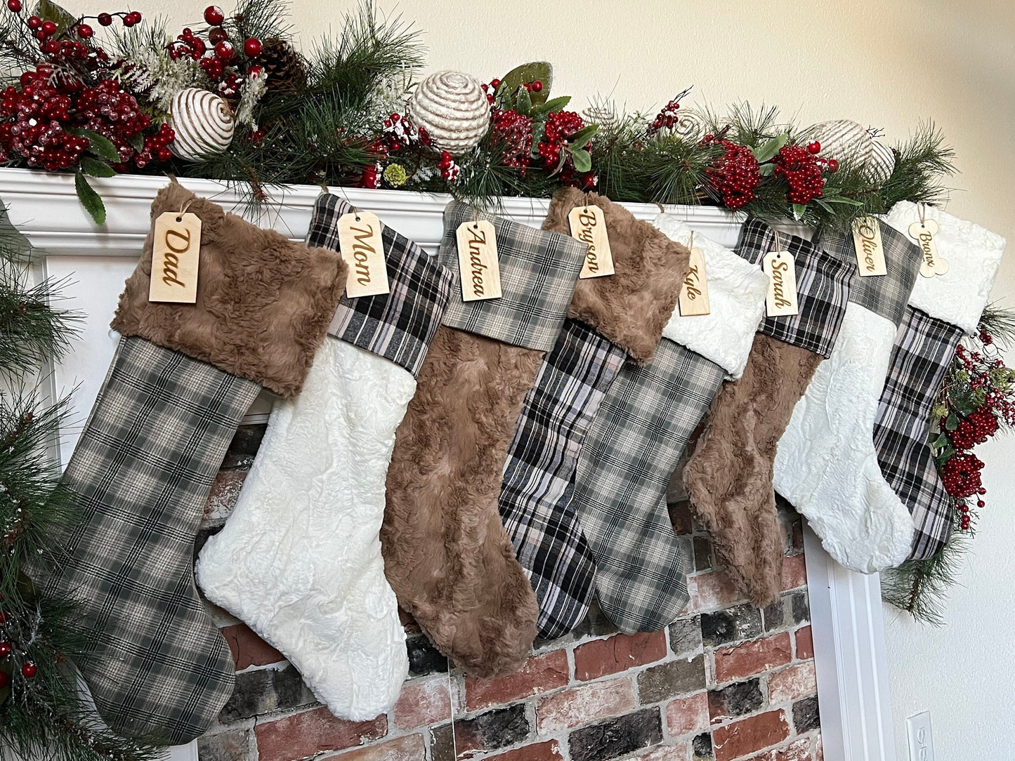Neutral Brown Plaid Christmas Stocking - Personalized