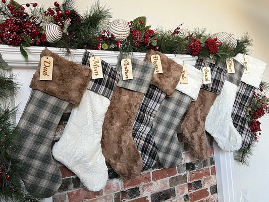 Neutral Brown Plaid Christmas Stocking - Personalized