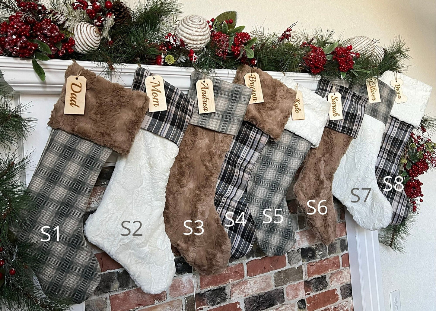 Neutral Brown Plaid Christmas Stocking - Personalized