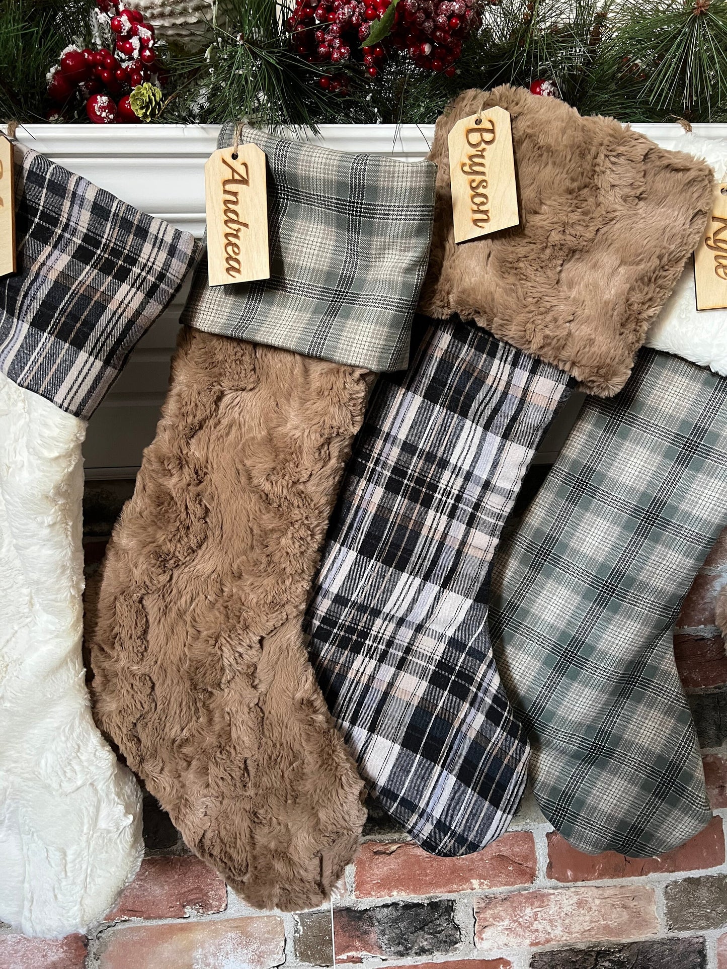 Neutral Brown Plaid Christmas Stocking - Personalized