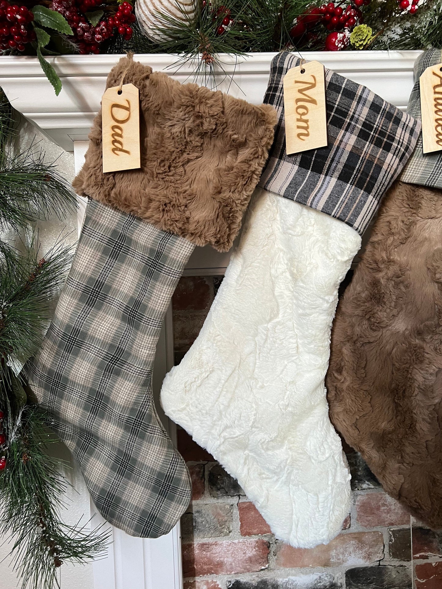 Neutral Brown Plaid Christmas Stocking - Personalized